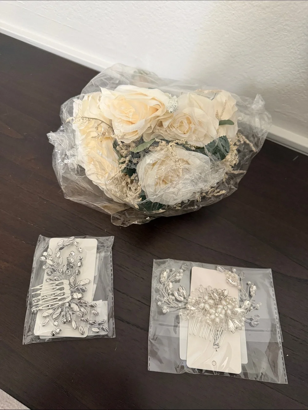 Ivory Faux Rose Bridal Bouquet with Silver Hair Combs